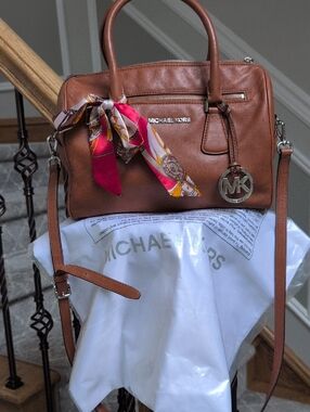 Michael Kors Cognac Leather Barrel Bag With Purse Scarf And NWT MK Duatbag